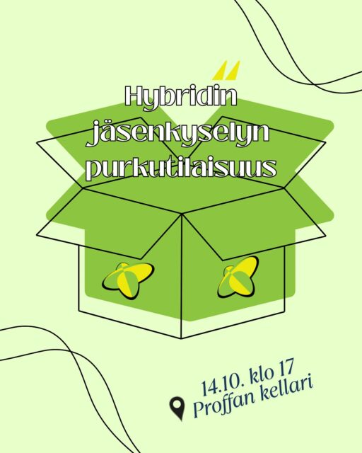 FI/EN
Tervetuloa Hybridin jäsenkyselyn purkutilaisuuteen 14.10. klo 17 Proffan Kellarin kabinettiin! Käymme yhdessä Hybridin kevään kyselyyn tulleita palautteita läpi sekä lopuksi arvomme 3x K-lahjakorttia arvontaan osallistuneiden kesken!🤩
Tarjolla myös pientä purtavaa😋
______________________________________
Welcome to Hybridi’s member survey review evening/event on October 14th at 17 in Proffan Kellari’s cabinet! We will go through the feedback of the member survey together, and at the end, we’ll raffle 3 K-market gift cards among those who participated in the in the draw!
There will also be some light snacks😋
